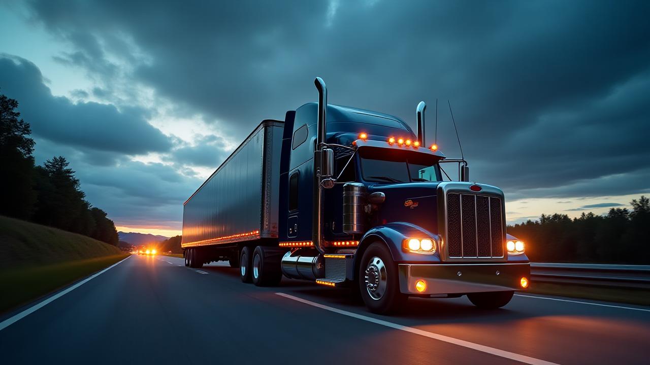 Spartan Shield logistics truck on North Carolina highway at sunset